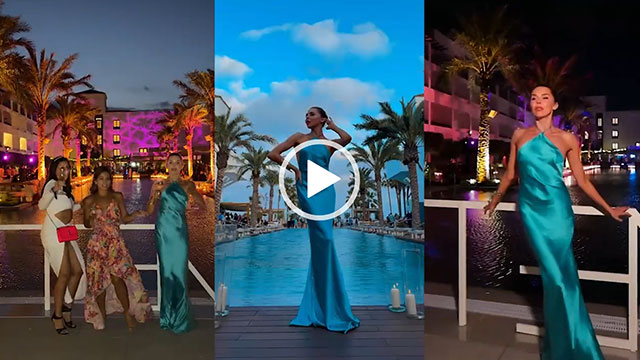 Laura Blair is seen across three vertical panels. She wears a long halterneck teal dress as she appears at a Marbella hotel opening. Laura is seen around a pool during the day and at night.